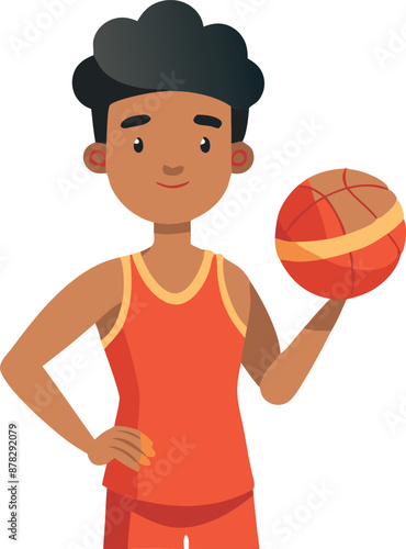 Illustration of a young basketball player holding a ball in red uniform