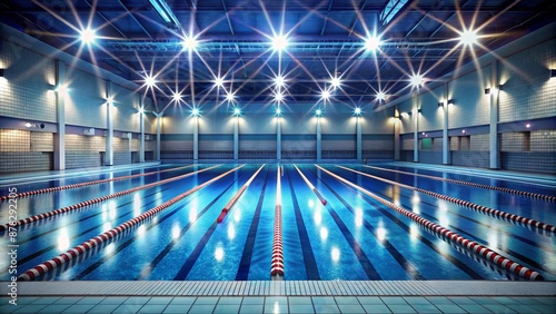 Empty swimming pool lanes with ripples on water surface, gleaming tiles, and spotlights, conveying professional sports and competitive atmosphere. photo