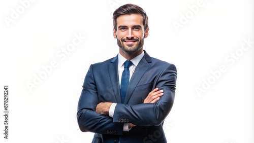 Confident entrepreneur representation isolated on transparent white background, professional attire, crossed arms, conveying strength and determination, high-quality PNG.