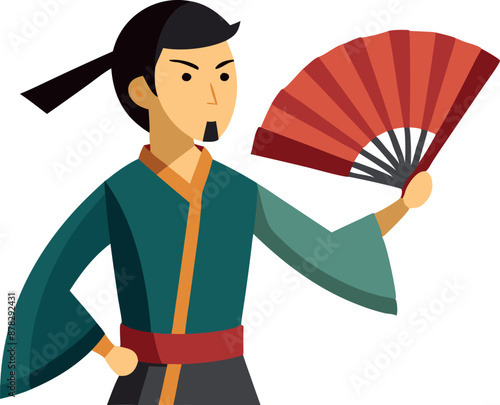 Samurai warrior holding traditional Japanese fan in flat design illustration