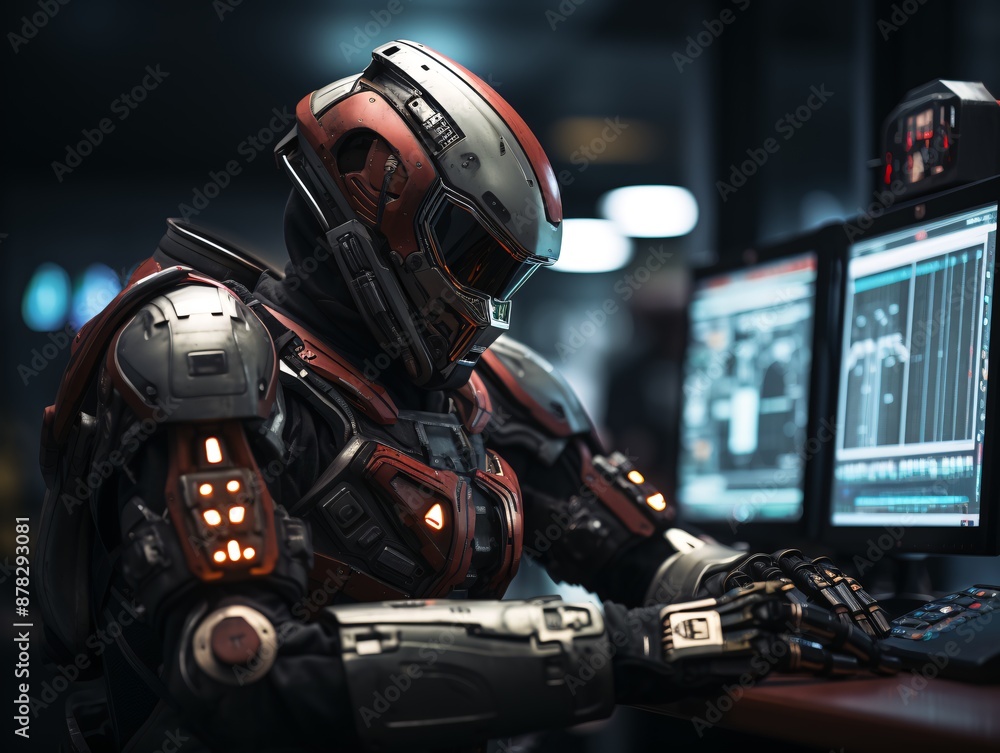 A sleek, humanoid robot sits at a desk, focused on working on a laptop computer. A sleek, humanoid robot sits at a desk, focused on working on a laptop computer.