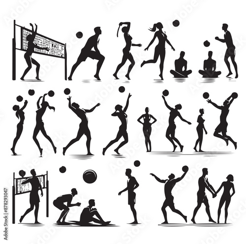 Men women playing summer beach volleyball set icon  silhouette vector