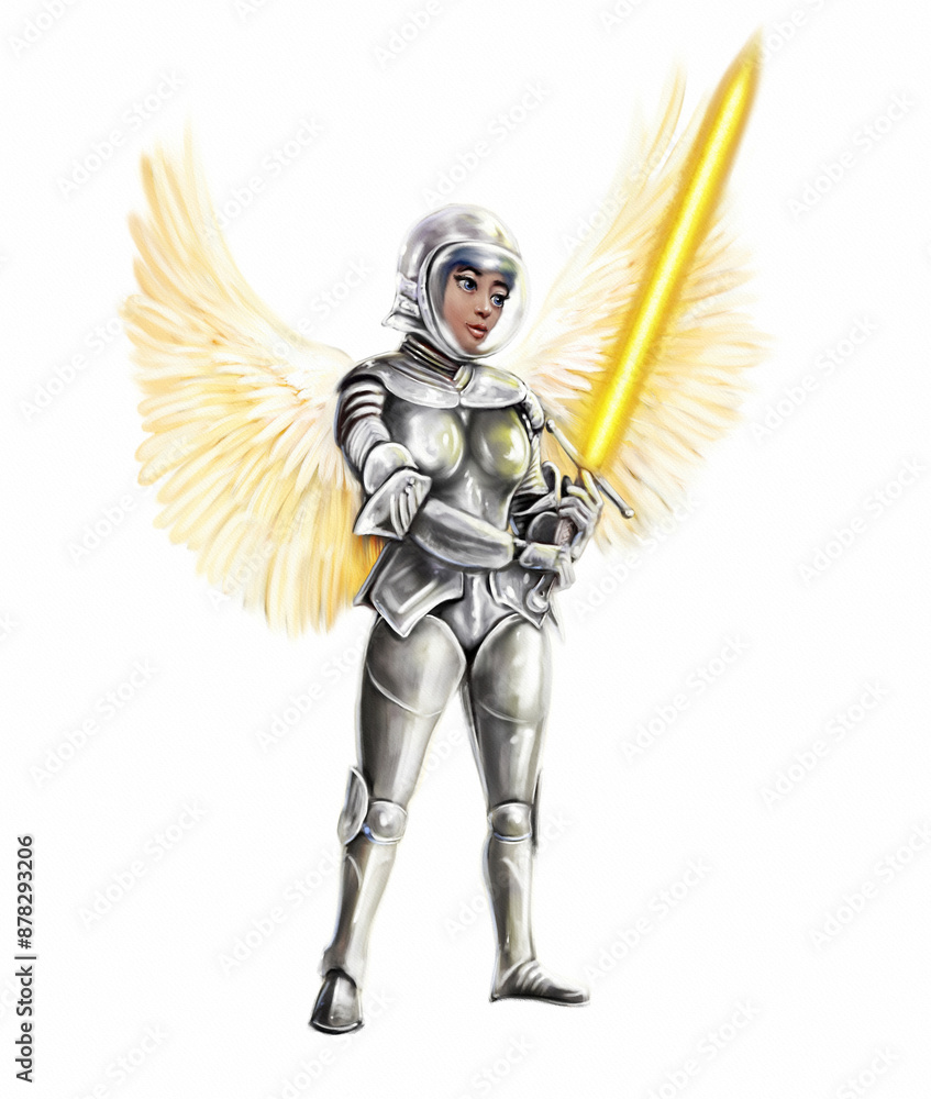 Fantastic illustration of knights, knight with sword. Angel in space armor with wings and a glowing sword. Fine art Fantastic illustration of knights, knight with sword. Angel in space armor with wings and a glowing sword. Fine art