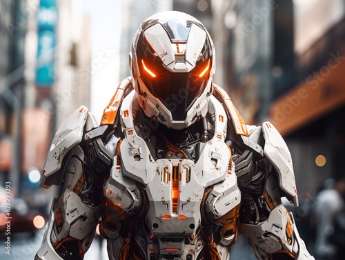 A sleek humanoid robot stands amidst a bustling city street, its metallic form reflecting the vibrant urban landscape.