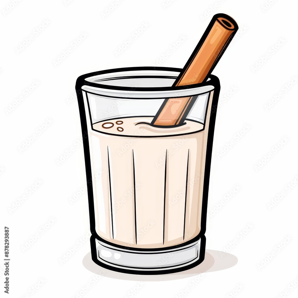A glass of creamy, frothy beverage with a cinnamon stick. A glass of creamy, frothy beverage with a cinnamon stick.