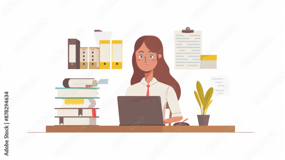 Cartoon Woman Working at Desk with Books, Calculator, and Laptop Cartoon Woman Working at Desk with Books, Calculator, and Laptop