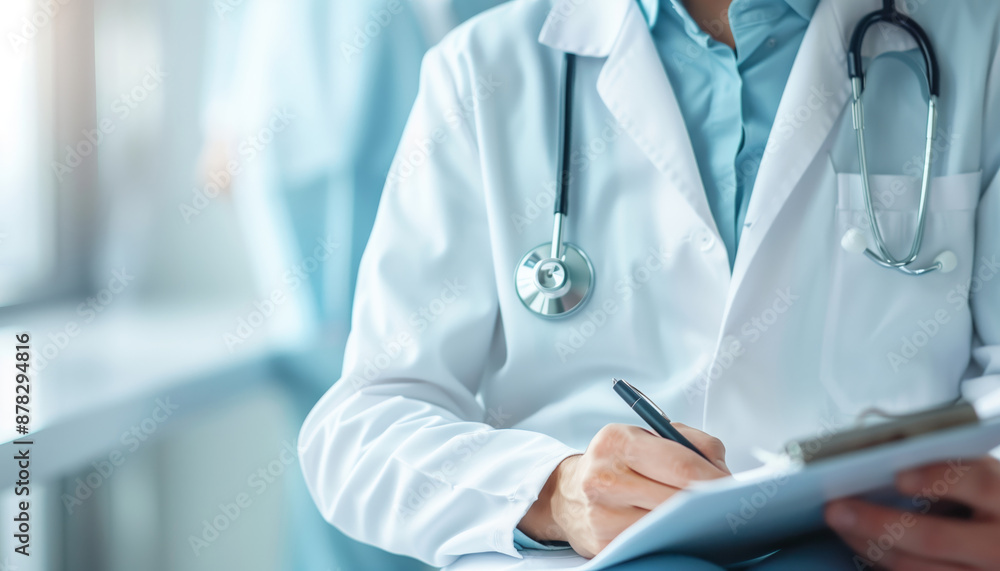 Close-up of a doctor in a white coat with a stethoscope, writing on a clipboard, representing medical professionalism and healthcare services. Close-up of a doctor in a white coat with a stethoscope, writing on a clipboard, representing medical professionalism and healthcare services.
