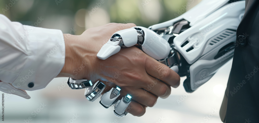 Close-up of a human and a robot shaking hands, symbolizing cooperation and partnership between technology and humanity in a business setting. Close-up of a human and a robot shaking hands, symbolizing cooperation and partnership between technology and humanity in a business setting.