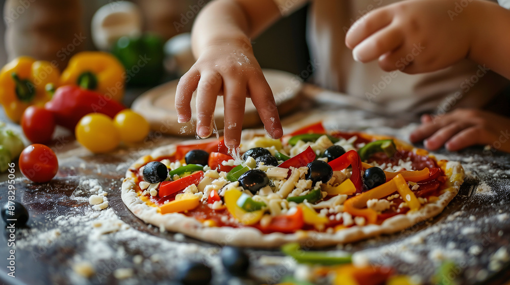 a child's hands adding toppings to a homemade pizza, with a variety of colorful ingredients like peppers, olives, and cheese scattered on the countertop a child's hands adding toppings to a homemade pizza, with a variety of colorful ingredients like peppers, olives, and cheese scattered on the countertop