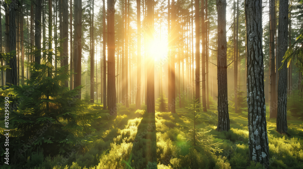 Obraz premium Serene forest with sunlight streaming through tall trees, highlighting the lush greenery and creating a peaceful atmosphere.