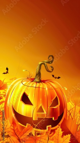 Glowing jack-o'-lantern with bats and autumn leaves at sunset photo