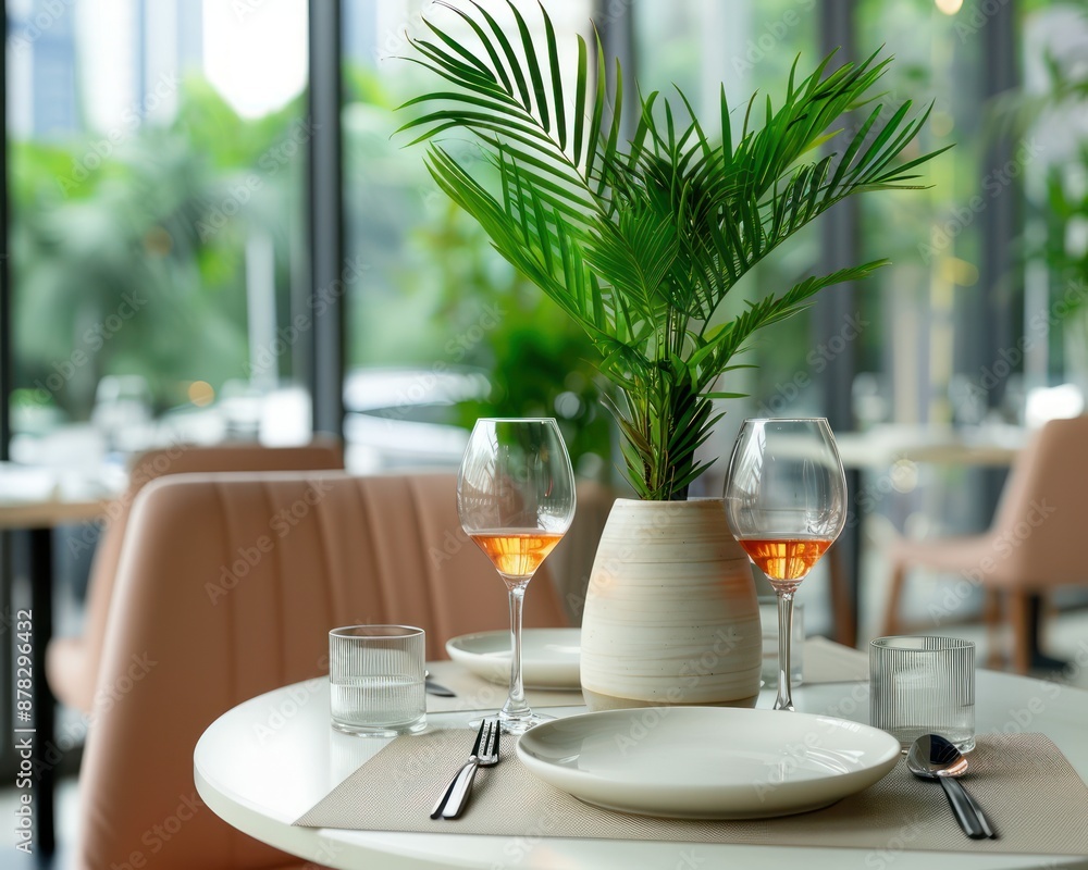 Elegant Dining Table Setting with Refined Finish in a Sophisticated Setting, Stylish Detail of Place Setting with Palm Plant, Perfect for a Romantic Dinner or Special Occasion Elegant Dining Table Setting with Refined Finish in a Sophisticated Setting, Stylish Detail of Place Setting with Palm Plant, Perfect for a Romantic Dinner or Special Occasion