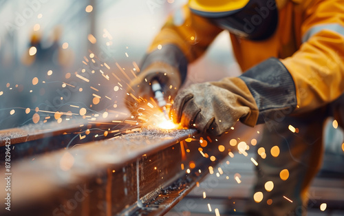 Worker in protective gear using a welding tool on metal beams, producing sparks at a construction site, showcasing industrial fabrication.