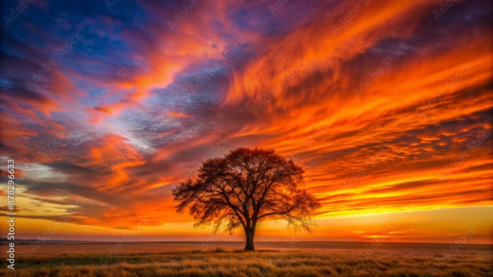 Vibrant orange hues bleed across the horizon as a solitary tree stands tall on a endless plain, engulfed in breathtaking twilight. Vibrant orange hues bleed across the horizon as a solitary tree stands tall on a endless plain, engulfed in breathtaking twilight.