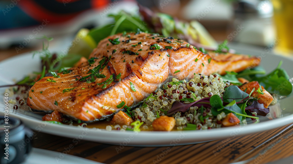 a grilled salmon fillet, served with a side of quinoa salad and mixed greens, set on a dining table with a pair of running shoes and a sports watch visible in the background a grilled salmon fillet, served with a side of quinoa salad and mixed greens, set on a dining table with a pair of running shoes and a sports watch visible in the background