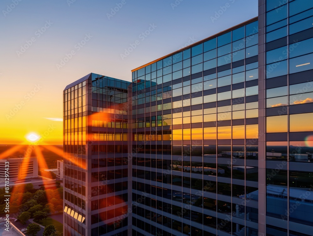 Fototapeta premium Modern Business Architecture at Dusk, Radiant Glass Facade Reflecting Sunset, Glowing Enterprise, Corporate Headquarters, Skyscraper Silhouette, Success and Growth, Business Growth, Corporate