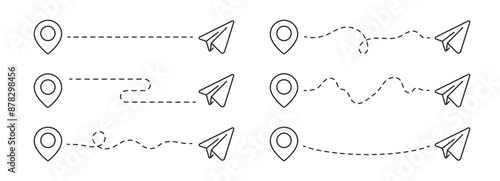 Paper plane flight route outline set isolated on white background vector illustration.