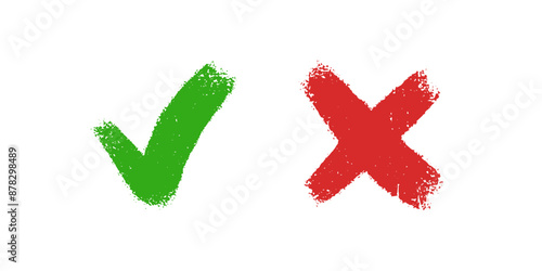 Grunge hand drawn check mark and cross x sign icons isolated on white background.