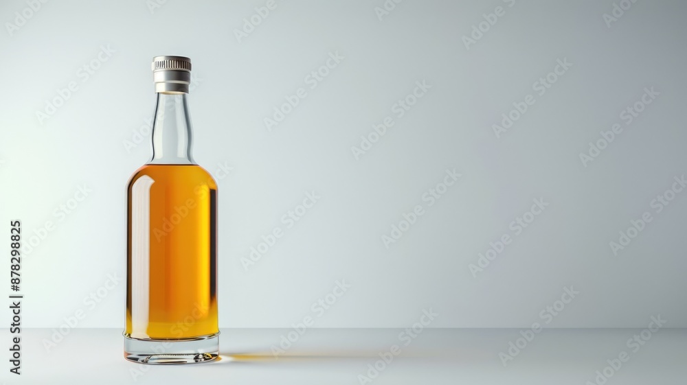 Clear bottle with amber liquid, silver cap, plain background Clear bottle with amber liquid, silver cap, plain background
