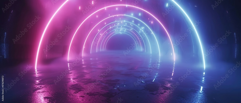 A futuristic and surreal tunnel of glowing neon lights. A futuristic and surreal tunnel of glowing neon lights.