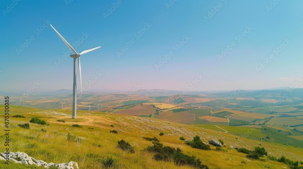 Windmills for green energy production in rural Spain, clear skies and rolling hills Windmills for green energy production in rural Spain, clear skies and rolling hills