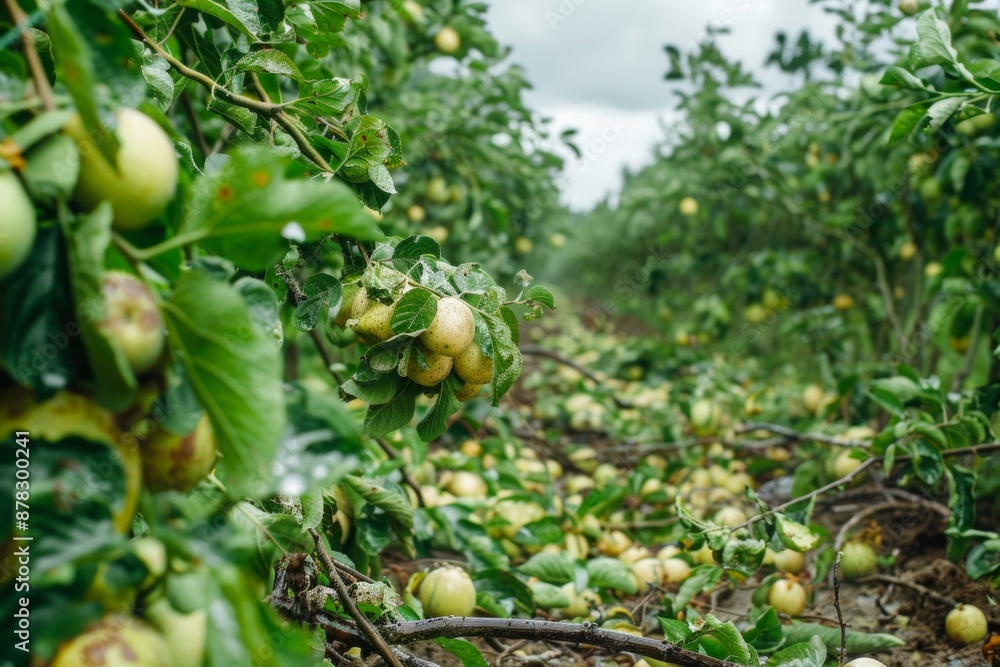 A lush apple orchard showcasing ripe apples on trees, with some fallen apples scattered on the ground, conveying a sense of abundance and harvest in a natural setting A lush apple orchard showcasing ripe apples on trees, with some fallen apples scattered on the ground, conveying a sense of abundance and harvest in a natural setting