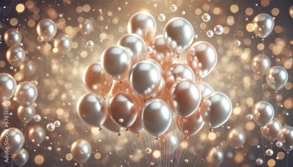 Elegant, pearl-colored balloons floating against a soft, bokeh background. The balloons have a shiny, reflective surface Elegant, pearl-colored balloons floating against a soft, bokeh background. The balloons have a shiny, reflective surface