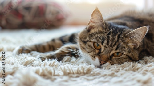 Wallpaper Mural Cat lying on white rug indoors with space for text Torontodigital.ca