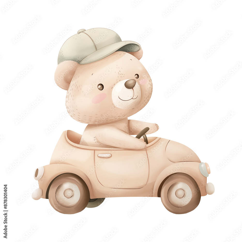 Fototapeta premium Watercolor cute Teddy bear riding car illustration isolated on a transparent background