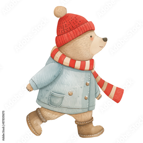 Cute bear wearing a coat, knit scarf, and hat. Winter cute bear for Christmas and season greetings.