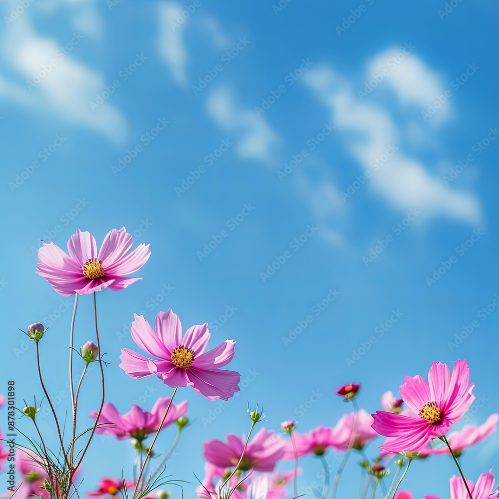 Pink cosmos flowers with blue sky in garden,space for text,summer season Pink cosmos flowers with blue sky in garden,space for text,summer season