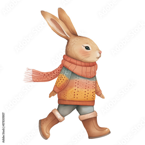 Autumn rabbit watercolor illustration. Bunny in sweater and scarf isolated transparent background, PNG