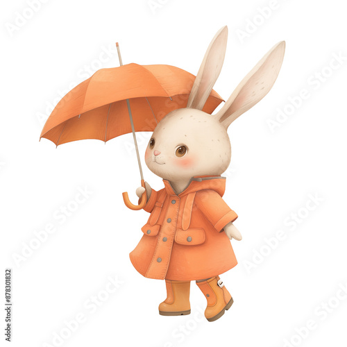 Cute little bunny  wearing a raincoat with an orange umbrella, autumn illustration PNG