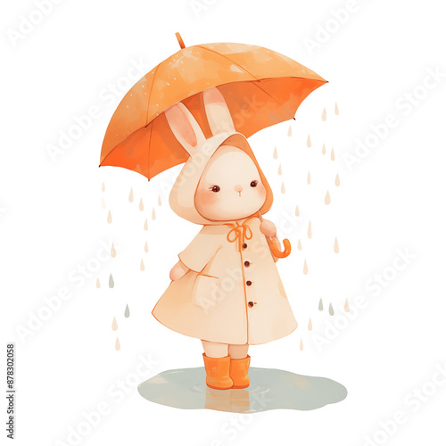 Cute little bunny  wearing a raincoat with an orange umbrella, autumn illustration PNG