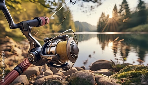 A tranquil scene of a fishing rod and reel by a peaceful riverbank.