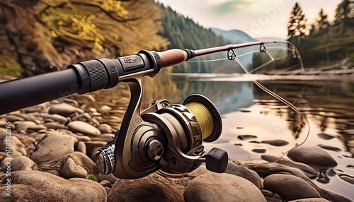 A tranquil scene of a fishing rod and reel by a peaceful riverbank.