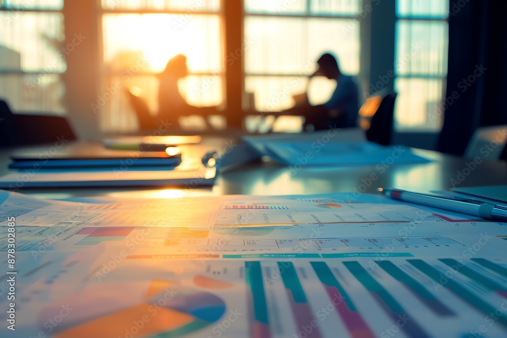 Office meeting with business documents on the table. Two people in the background working, with sunlight coming through the large windows. Office meeting with business documents on the table. Two people in the background working, with sunlight coming through the large windows.