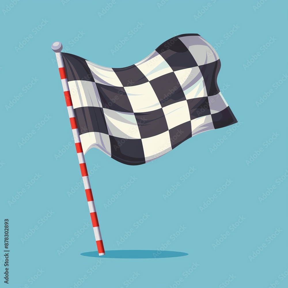 Naklejka premium Illustration of a checkered racing flag waving on a pole against a blue background. Symbol of completion. Perfect for motorsport themes.