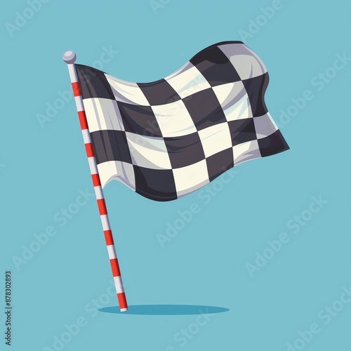 Illustration of a checkered racing flag waving on a pole against a blue background. Symbol of completion. Perfect for motorsport themes.