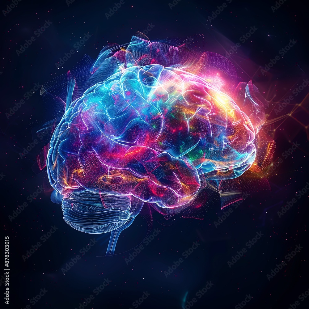 Colorful abstract digital image of a brain with technology and neural network concept on a dark background. Colorful abstract digital image of a brain with technology and neural network concept on a dark background.