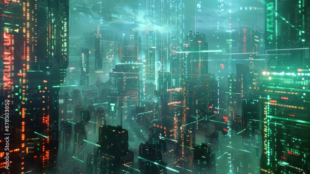 Fototapeta premium futuristic cityscape with a holographic overlay displaying a vast amount of data