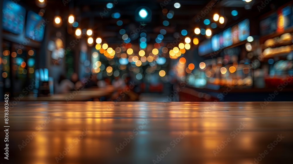 A selective focus shot capturing the warm wooden surface inside a fast-food restaurant with a beautifully blurred background showcasing glowing lights and indistinct figures A selective focus shot capturing the warm wooden surface inside a fast-food restaurant with a beautifully blurred background showcasing glowing lights and indistinct figures