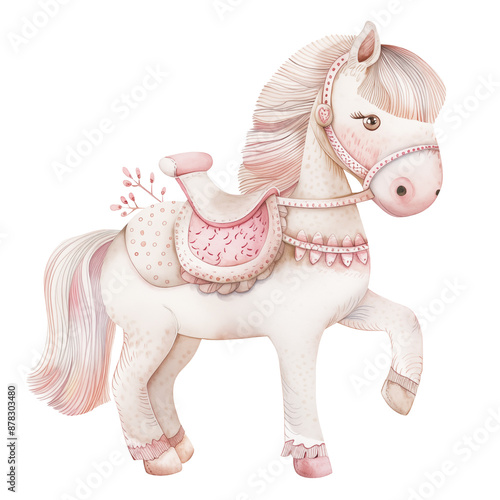 Cute watercolor pony clipart isolated on a transparent background. Pink horse
