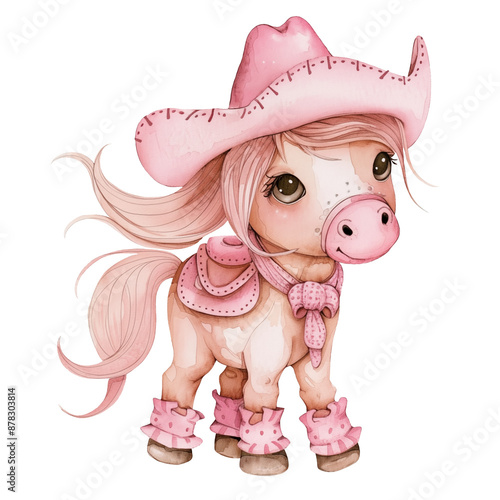 Cute pony in a cowboy hat, watercolor illustration, clip art isolated on a transparent background