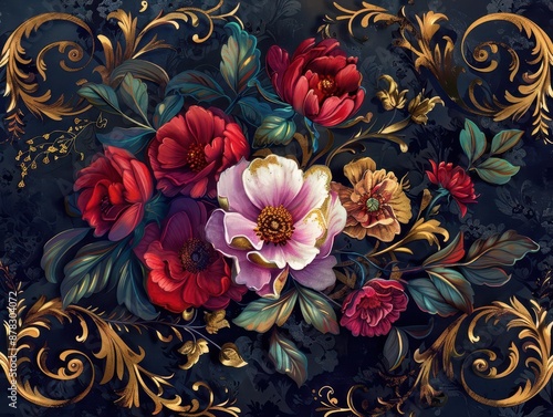 elegant baroque floral design intricate gold filigree patterns intertwining with lush painted flowers on a rich deepcolored background exuding timeless sophistication photo