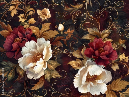 elegant baroque floral design intricate gold filigree patterns intertwining with lush painted flowers on a rich deepcolored background exuding timeless sophistication photo