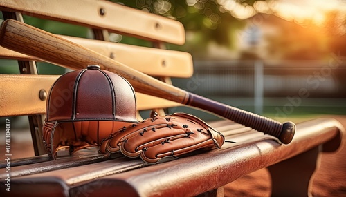 A detailed shot of a baseball bat and glove on a dugout bench.