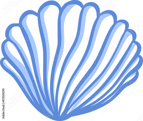 Abstract hand drawn blue seashell. Elegant vintage isolated wavy striped cockleshell. Coastal summer clipart element. Vector illustration for t-shirt, swimwear, beach bag, poster, cover, label