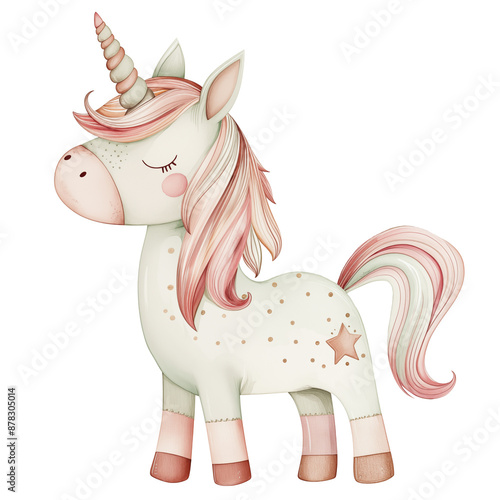 Cute unicorn with stars isolated on a white transparent background. Watercolor illustration. Fairytale magic clip art.