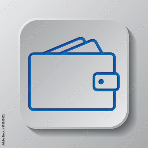 Wallet simple icon vector. Flat design. Paper cut design. Cutted blue symbol with shadow. Gray badge button, gray background